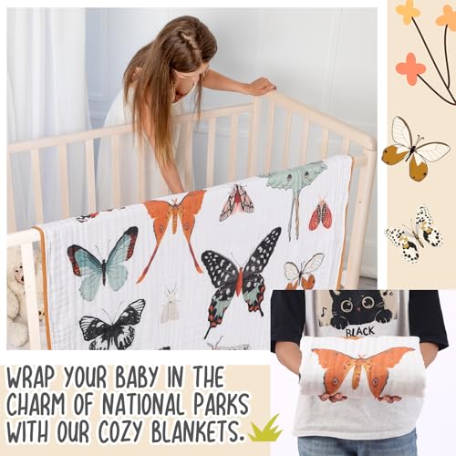 Image of SmoothNovelty Butterfly Muslin Blanket 47 x 47 Inch Warm Soft Cotton Muslin Swaddle Blanket, Boho Nursery Swaddling Wrap Quilt for Girls Bedding Gift, Spring Summer Nap, Crib Bed Sofa Nursery Decor