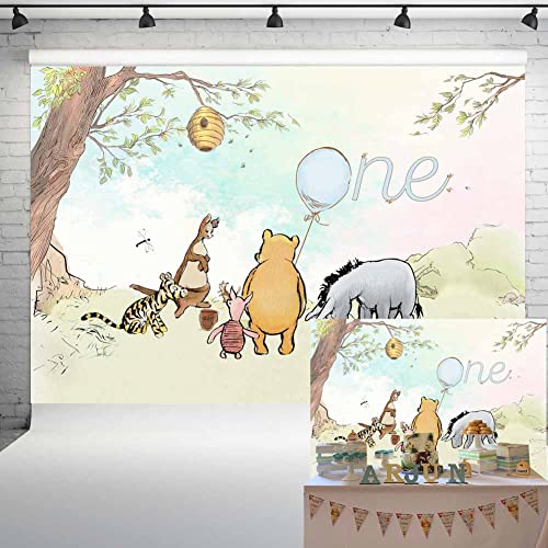 Toile de fond classique Winnie l'ourson - Décorations de 1er anniversaire de bébé garçon - Aquarelle - Ballon bleu ciel - Bannière vintage pour table de...