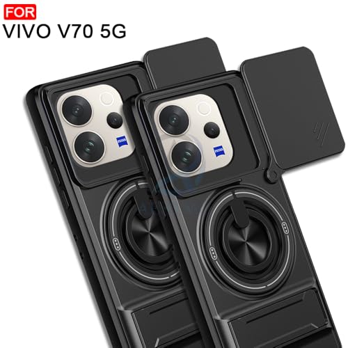 Image of AESTMO Vivo V70 5G / V70 Elite 5G Back Cover | Armor Camera Slider 360 Degree Rotating Finger Ring Holder Case with Bracket Stand Back Case Cover (Compatible with MagSafe Accessories) (Black)