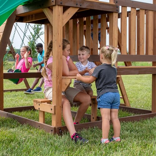 Backyard Discovery Highlander Cedar Wood Swing Set with Wave Slide, Three-Story Clubhouse, Rock Wall, Picnic Table, Belt Swings, Web Swing, Sandbox, Three Ladders, Toy Accessories, Outdoor Playset - image 5