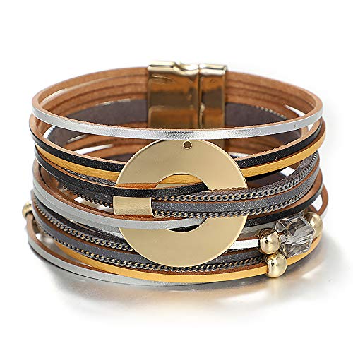 UEUC Pulsera de piel con estampado de leopardo de varias capas, con hebilla ancha, resistente al agua, trenzada