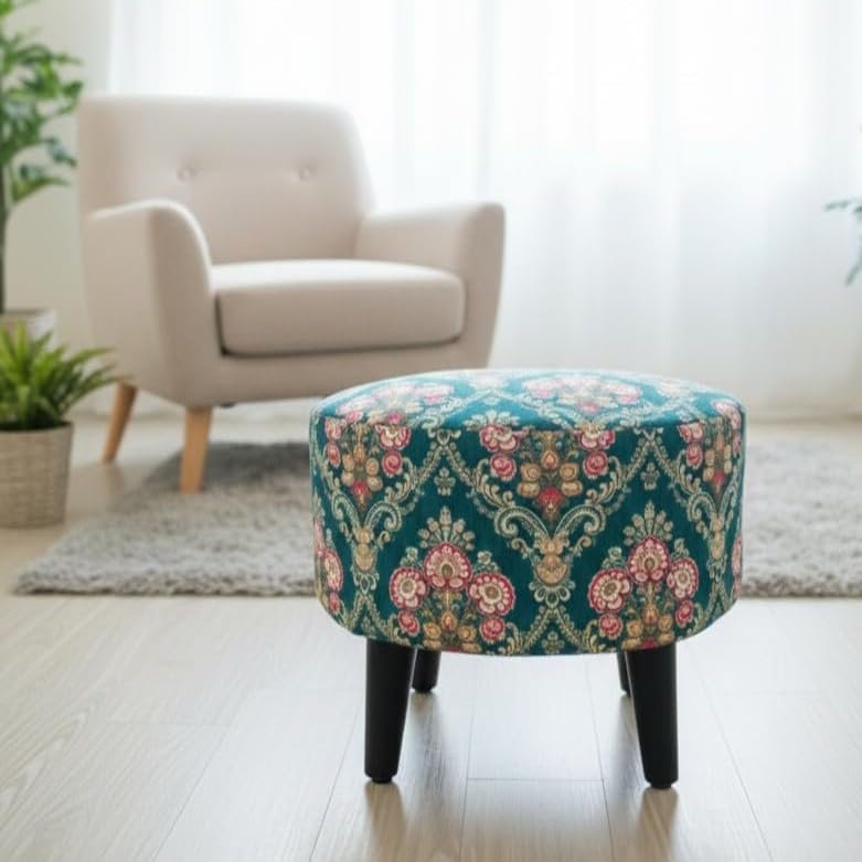 Image of Foot Rest Ottoman Teal Floral Damask (1 Seater Footrest, Sheesham Wood, Black) Ottoman, Stool, Wooden Stool, Footrest, Pouffe, Seating Stool, Living Room Stool