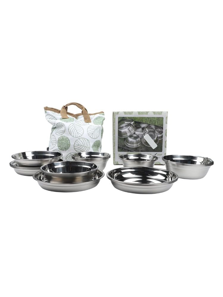 20 Stück Edelstahl Camping Teller Set, 304 SUS Leichte Schüsseln und Geschirr für Outdoor Picknick BBQ Tragbares Stapelbares Besteck Kit mit Aufbewahrungstasche