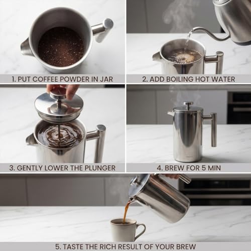 Image of AXEON French Press Coffee Maker | Double Wall Insulated 304 Stainless Steel Plunger | 3-Layer Filtration for Grit-Free Brew | Heat Retention, Rust-Free, Portable for Home & Office | Hot & Cold (350ml)