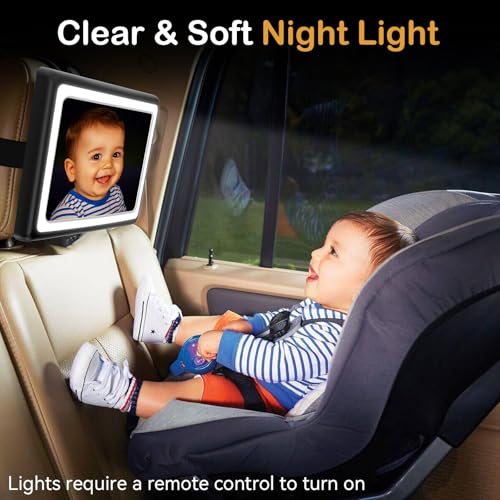 Image of Baby Car Mirror with Light - Remote Control, 360 Adjustable, Shatter Resistant Car Seat Mirror - Clear Night Vision, Easy Installation for Rear Facing Infants