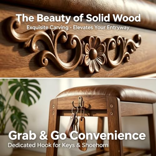 Shoe-Storage-Bench-Shoe-Rack-Bench-with-Storage-2-Tier-Wooden-Shoe-Rack-Solid-wood-shoe-bench-flip-top-storage-cushioned-seat-weight-capacity-of-550-lb-side-hooks-walnut-finish-315-W