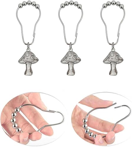 Miniatura 3 de Juego de 12 ganchos decorativos para cortina de ducha de hongos, anillos de ducha de acero inoxidable con bonitos hongos para decoración de baño y
