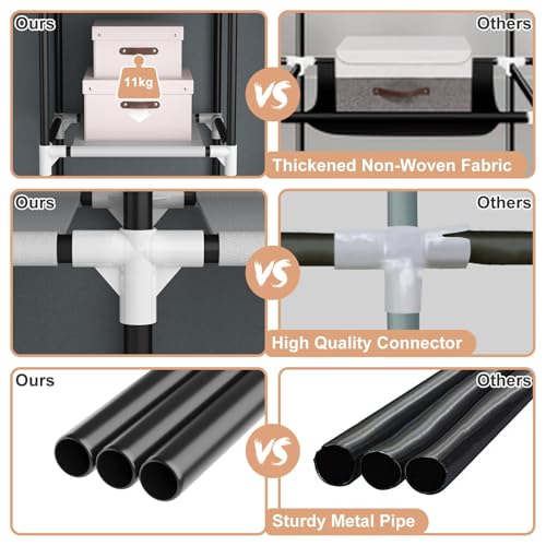 Vicye Kleiderschrank, Stoffschrank Groß mit 2 Kleiderstange und 8 Ablagen, Faltbarer Kleiderschränke mit Überzug, Tragbarer Garderobenschrank für Ankleidezimmer Schlafzimmer (Graue, 124 x 42 x 162 cm)