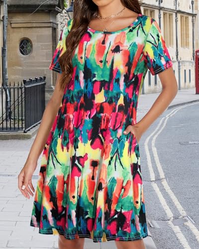 Image of Womens Summer Dresses Beach Casual Loose Tshirt Floral Short Sleeve Flowy Pockets Sundresses 2026