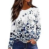 Womens Tops Dressy Casual Long Sleeve Shirts for Women Cotton Spring Fashion 2025 Crew Neck T Shirts Loose Fit Floral Print Plus Size Lightweight Daily Outfits for Women Blue S