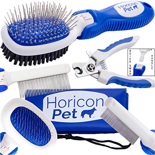 Horicon Pet Small Dog Brush Comb and Nail Grooming Set - 6 in 1 Small Dog Grooming Tools - Ball Pin & Bristle Brush, Slicker Brush, Detangling Comb, Flea Comb, Nail Clippers - for Small Dogs