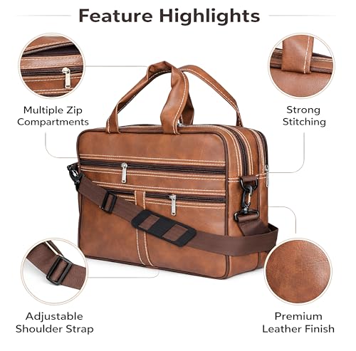 Image of Vegan Leather Laptop Messenger Bag for Men & Women, 15.6 Inch Office Shoulder Bag with 6 Pockets, Adjustable Strap, PU Leather Business Laptop Bag for Work, Travel & College, Rust Color