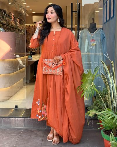 Image of GoSriKi Women's Rayon Viscose Embroidered Anarkali Kurta with Pant and Dupatta | Three Piece Ethnic Kurta Set for Women with Elegant Design