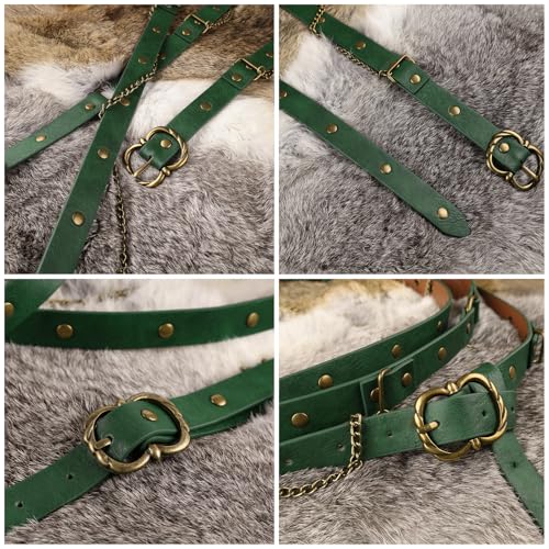 Image of HiiFeuer Medieval DIY Faux Leather Metal Chain Belt, Vintage Adjustable Thin Belt For Women, Retro Skinny Belt For Dresses (Green A)