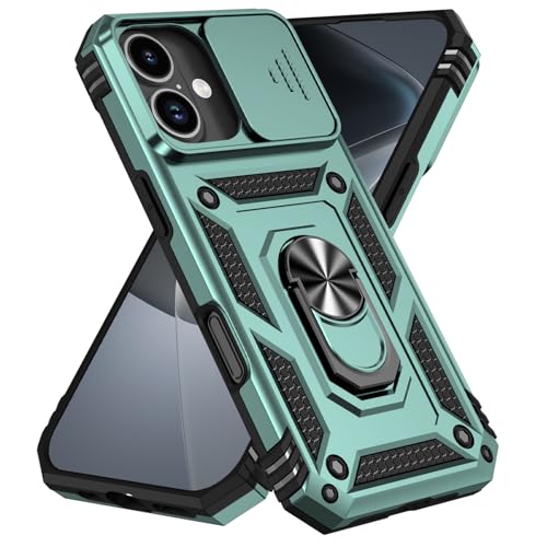 IPhone 17 Pro Max / 17 Pro/Air / 17 用 ケース, ミリタリーグレード耐衝撃 マグネット対応 360°回転リングスタンド付き スライド式カメラレンズ保護 スリムTPU+PCバンパー(Green,17)