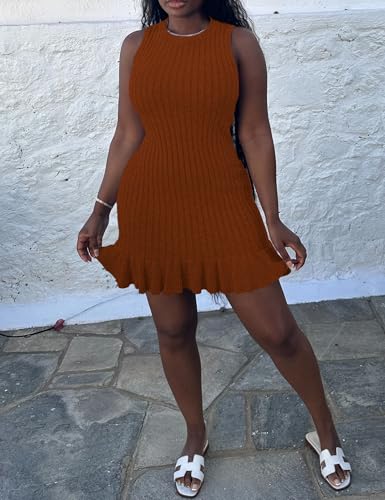 Image of Nimsruc Women Summer Tank Dresses Sleeveless Crew Neck Casual Bodycon Mini Dress with Ruffle Hem