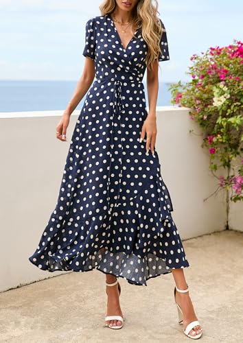 Image of PRETTYGARDEN Women's Summer Wrap Maxi Dress Casual Boho Floral V Neck Short Sleeve Ruffle Hem Split Beach Long Dresses