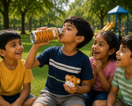 Image of 480ml Stainless Steel Sipper Water Bottle with Straw | Leakproof Animal Sipper Bottle | Reusable Drinking Bottle for School, Travel & Daily Use (Tiger)