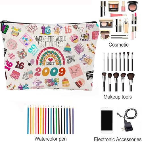 Sweet 16 Birthday Makeup Bag Gifts for Girls, Her, Teenage Girls, Sister, Daughter, Granddaughter, 2009 Funny 16th Year Old Girl Gifts Ideas Birthday Decorations, Cosmetic Travel Pouch3