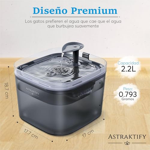 Astraktify© Fuente para Gatos: Bebedero para Gatos 2,2L – Fuente de Agua para Gatos - Dispensador para Mascotas - Incluye 2 Filtros de Alta Capacidad – 4 Filtraciones - Super Silenciosa 2 Fuente de agua para gatos Astraktify, perfecta para hogares con estilo y dueños que buscan lo mejor. Su sofisticado diseño en negro con grifo en forma de hoja crea un flujo natural y elegante, pensado para atraer a los gatos más exigentes. Una pieza única que combina funcionalidad y estética de lujo, ideal para quienes aprecian el refinamiento en cada detalle.