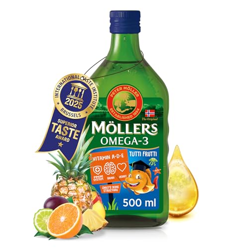 Moller’s ® | Aceite de hígado de bacalao | Complemento dietético para niños con omega-3 EPA, DHA y vitaminas A, D y E | Sabor Tutti Frutti | 500 ml