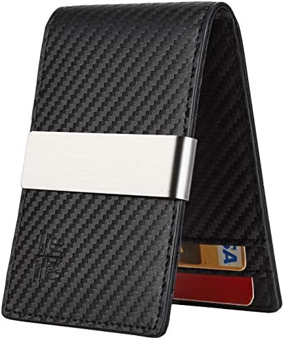 JM Minimalist Slim Leather Wallet Money Clip Credit Card Holder for Men RFID Blocking (carbon fiber black w/metal clip)