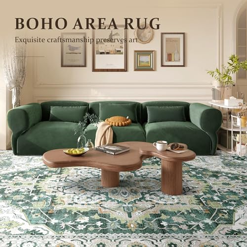 Deerly Green Large Washable Living Room Rugs 9x12 Boho Vintage Area Rug Indoor Bedroom Carpet with Non Slip Rubber Backing for Under Dining Table Office Farmhouse, Green/Multi