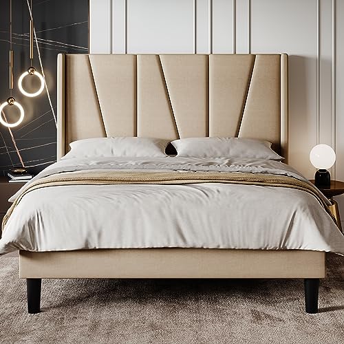 SHA CERLIN Full Size Bed Frame with Geometric Wingback Headboard, Upholstered Platform Bed with Wooden Slats Support, 8´´ Under-Bed Space,Noise-Free,No Box Spring Needed,Easy Assembly, Beige