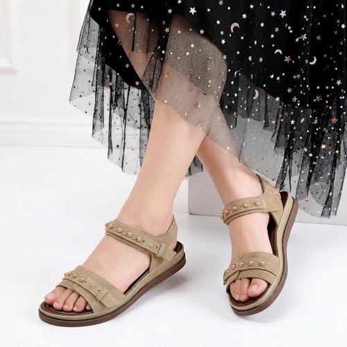Image of UBFEN Womens Sandals Comfortable Arch Support Steel Beaded Flat Sandals with Back Strap - Open Toe Slingback Shoes for Beach, Vacation and Travel