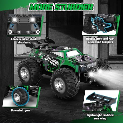 Barlisam Remote Control Car, All-Terrain Remote Control Truck for Boys 8-12, Headlight, Dual Motors, 1:20, 10KM/H, 2.4GHZ, Speed-Friendly, Sturdy, Rechargeable RC Cars for Beginner, Kids 6+(Green) — view 6