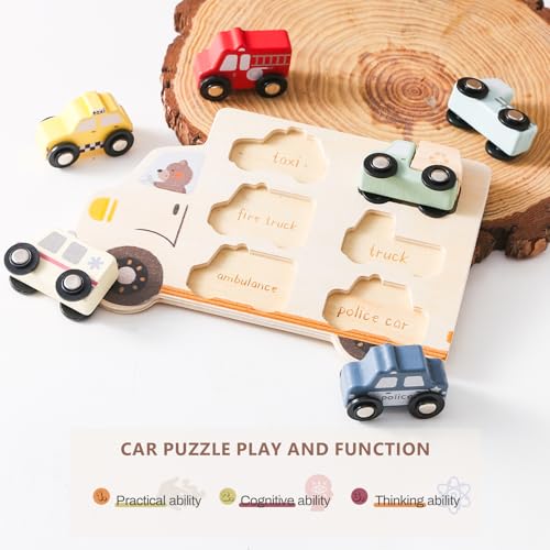 Wooden Cars Vehicle Set for Toddlers 1-3 Wooden City Cars and Trucks Toys for Boys Girls’ Educational Play