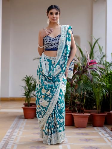 Image of SIRIL Women's Printed Ready to Wear Mul Cotton Saree With Unstitched Blouse Piece