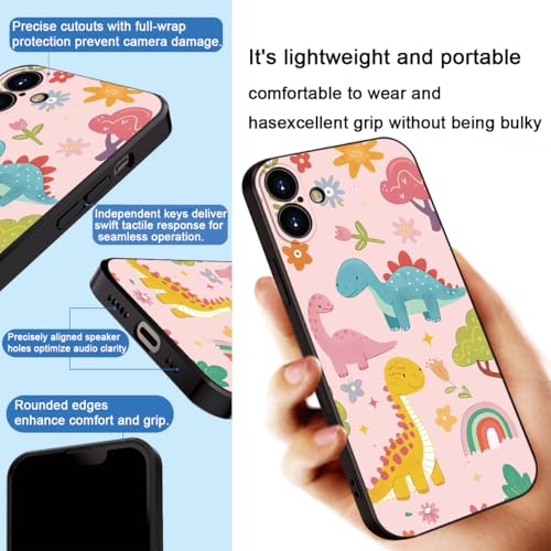 for iPhone 16 Case Dinosaur Cartoon Cute Pink Phone Case - 3 Colorful Dinosaurs with Flowers & Rainbow Design, Playful & Stylish Protective Cover for Girls & Women (B1-Cartoon Cute Dinosaurs)