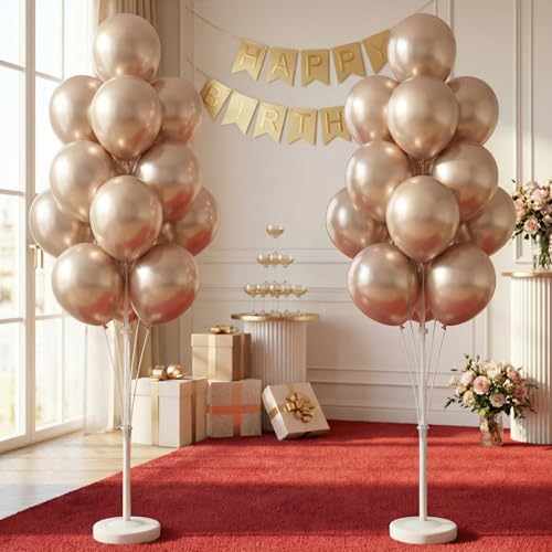 Image of 2 Sets Champagne Gold Balloon Stand Kit-Balloon Column Holder with Metallic Rose Balloons for Birthday, Wedding,Baby Shower,Graduation,Anniversary Party Decorations Centerpiece