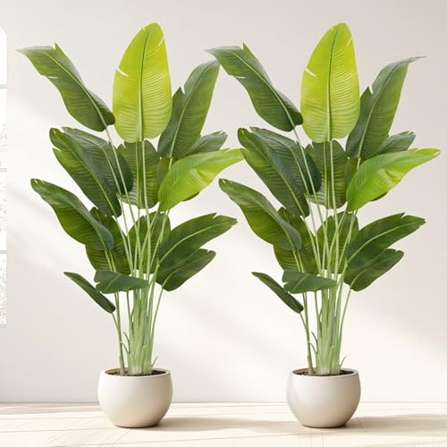 Image of Lifelike Bird of Paradise Artificial Plant,6.6ft Faux Banana Leaf Tree with 15 Trunks - Perfect Indoor Silk Floor Plant for Home Decor in Living Room, Office, and Bedroom (Set of 2)