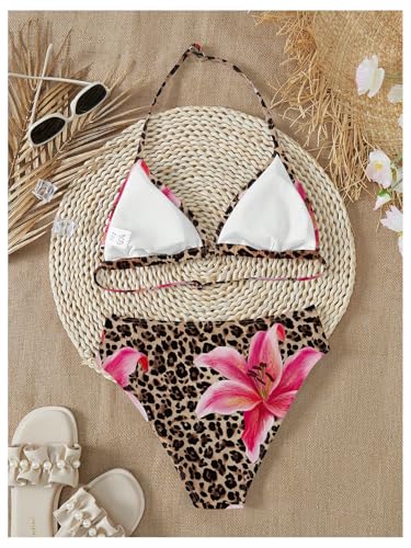 Girl's Leopard Floral Triangle Swimsuits Two Piece Halter Bikini Set Vacation Swimwear2