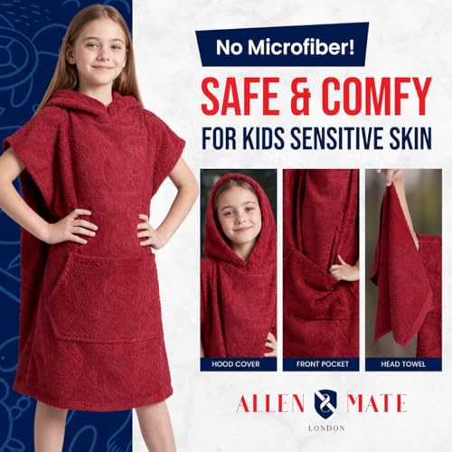 Image of ALLEN & MATE 100% Cotton Kids Hooded Surf Poncho Changing Robe, Quick Absorbent Wearable Swim Towel Boys & Girls, 6-13 Years