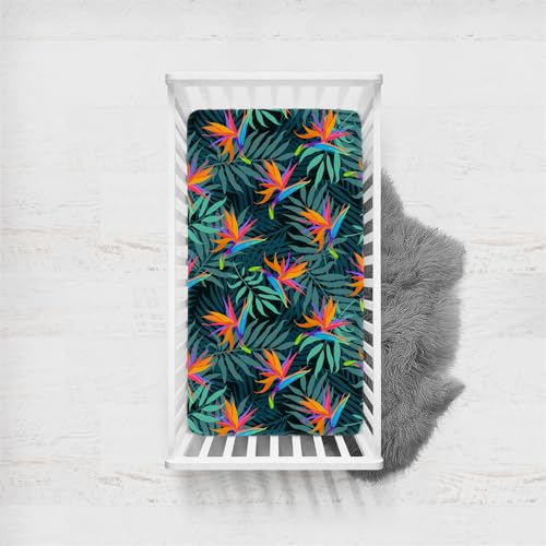 Odot Sábana Bajera Bebé Cuna y Minicuna Sábana Bajera Ajustable de Microfibra Estampado Floral Planta Tropical, Bebé Ropa de Cama para Cama Ovalada y Colchón Rectangula (80x160cm,Hojas de Palma)