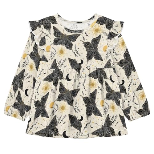 Black Butterflies with Sun Girls Shirts Cotton Long Sleeve Ruffle Toddler Tee Tops