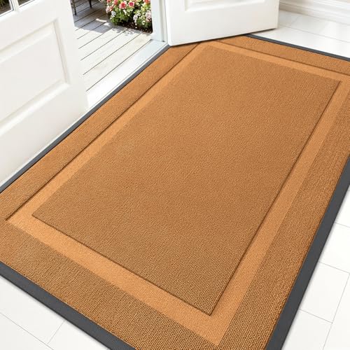 Image of OLANLY Front Door Mat Indoor Outdoor Entrance, Waterproof All-Season, All-Weather Doormat, Sturdy Natural Rubber, Low Profile, Easy Clean Patio Porch Entryway Mat, 59x34, Tangerine Orange