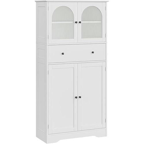 Bathroom Floor Storage Cabinet, Bathroom Storage Unit Kitchen Pantry, 31.5" L x 13.8" W x 64" H Freestanding Cupboard with Doors & Shelves, Buffet Sideboard with Drawer White