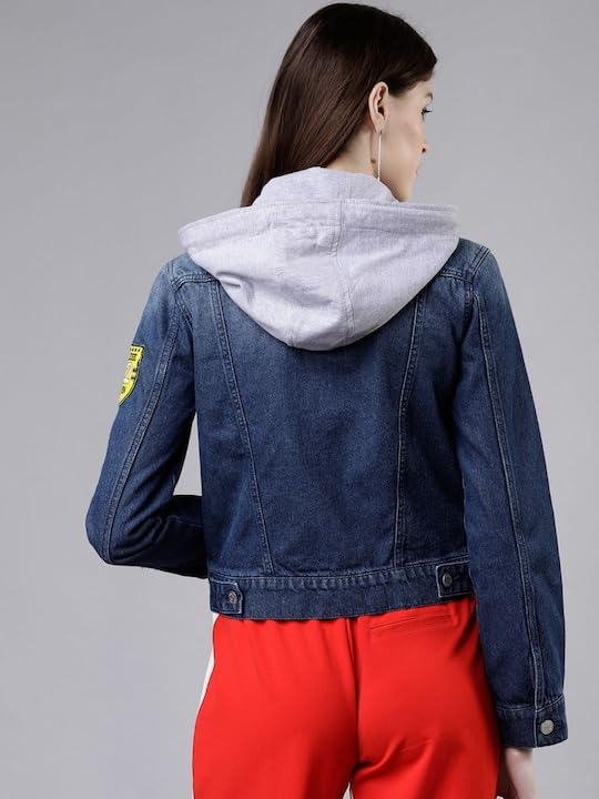 Women Blue Solid Jacket | Denim Hooded Jacket4