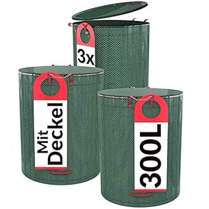 Praknu 3er Gartensack mit Deckel Verschließbar – 300L – 4 Reißfeste Griffe – Robustes Polypropylen