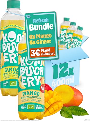 KOMBUCHERY® Refresh Bundle | Raw Kombucha BIO | 12 x 400ml | Fermentierter Tee mit aktiven Darm-Kulturen | Zuckerarm & Kalorienarm | Unpasteurisiert, PrioBiotic, Vegan, Testsieger | inkl. 3€ PFAND