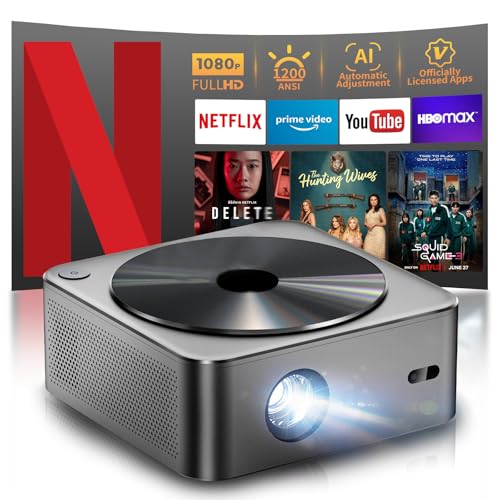 Projector-4K [1200 ANSI/Netfiix Officially Licensed/Dolby Audio]Smart Projector with WiFi6 and Bluetooth,3D Stereo Sound & AI Auto Focus,Outdoor Movie Projector,MAX 300''Display