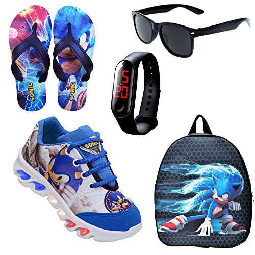 Kit Tênis De Led Infantil Menino Masculino Sonic + Chinelo + Mochila + Óculos + Relógio, Tamanho 29