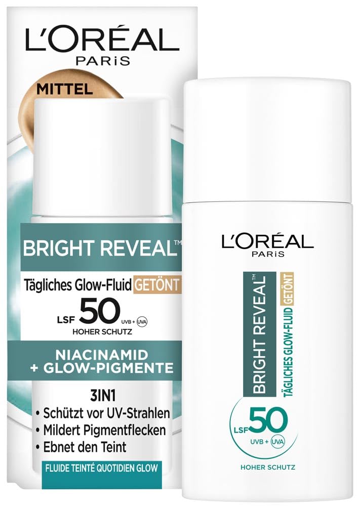 L'Oréal Tägliches Getöntes UV Glow-Fluid LSF 50, Niacinamid + Glow-Pigmente, Farbe: Mittel, Bright Reveal, 1 x 50 ml