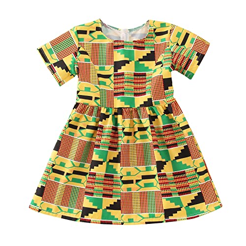 Niños Niños Bebé Niña Africano Dashiki Estilo Tradicional Manga Corta Cuello Redondo Vestido Ankara Princesa Vestidos Trajes Faldas Largas Niñas, amarillo, 5-6 años