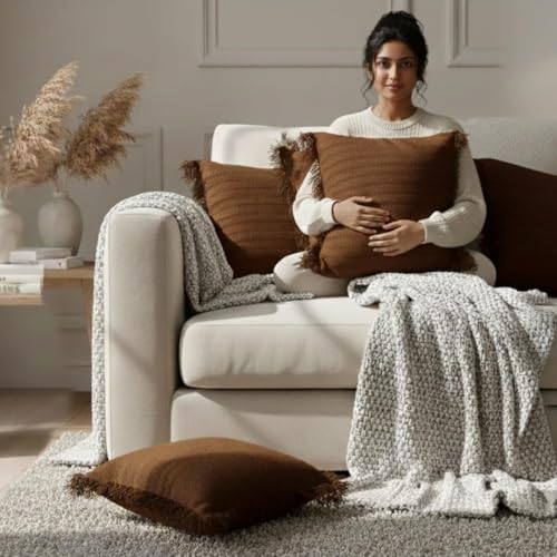 Image of Cotton Cushion Covers 16x16 Inch | Handwoven Printed Brown Decorative Square Cushion Case with Fringe | Sofa, Living Room, Bedroom, Diwan Home Decor Throw Cushion Cover