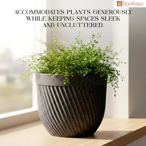 Image of Bonkaso 10 Inch Seltos Ribbed Planter for Indoor & Outdoor Use | Round Heavy Duty Polymer Flower Pot | Lightweight Weather Resistant Modern Gamla for Living Room Balcony & Terrace (Dark Grey)